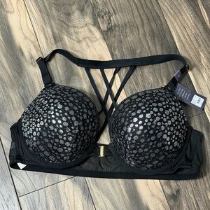 Cacique Bra Black Sequin-Pattern Strappy Front Closure Push-Up